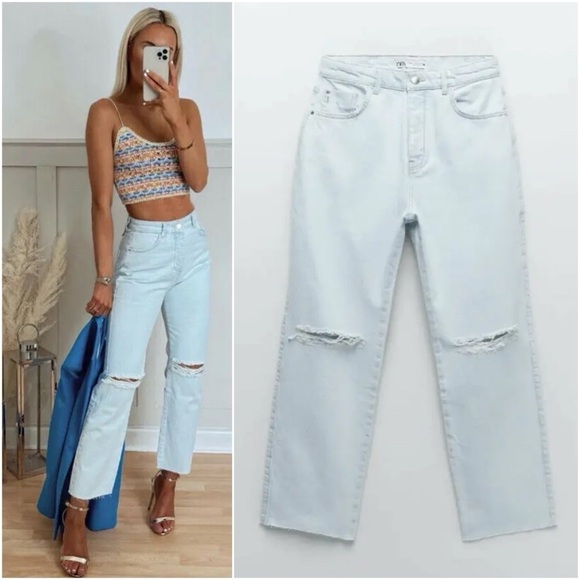 ZARA RIPPED HIGH WAIST STRAIGHT LEG JEANS Light Blue 40 / US 8 - Picture 3 of 15